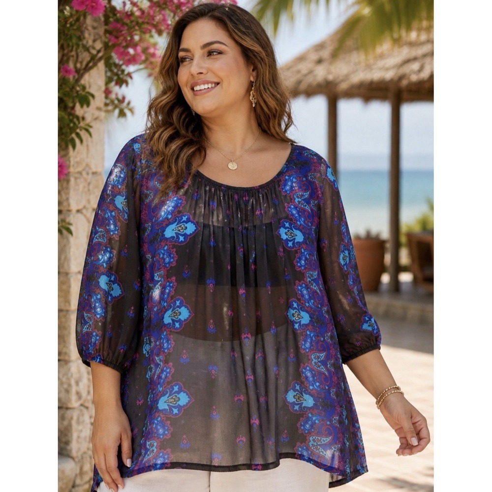 Mossimo Sheer Oversized Paisley Floral Womens Top Size XXL Resort Vacation Beach
